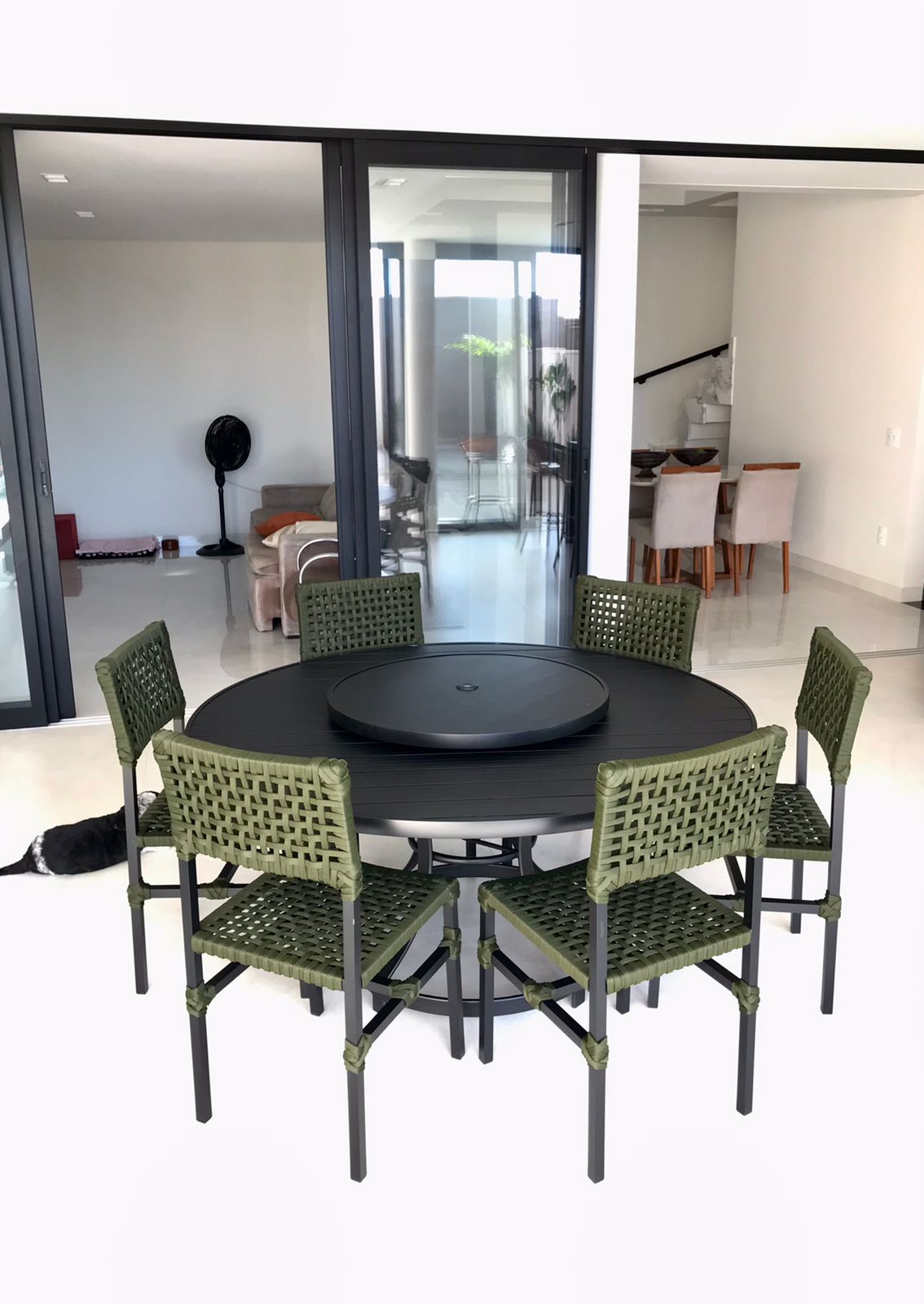 Mesa 1,50m Alumínio Tampo Ripado com Prato Giratório 75cm e 6 Cadeiras Salinas Corda Náutica