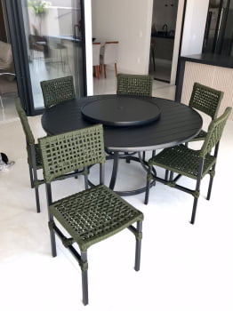 Mesa 1,50m Alumínio Tampo Ripado com Prato Giratório 75cm e 6 Cadeiras Salinas Corda Náutica