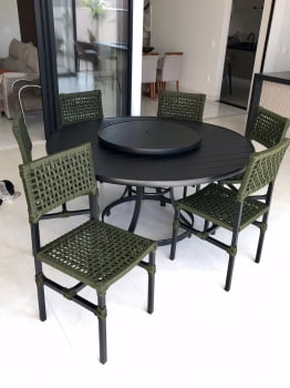 Mesa 1,50m Alumínio Tampo Ripado com Prato Giratório 75cm e 6 Cadeiras Salinas Corda Náutica