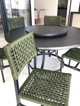 Mesa 1,50m Alumínio Tampo Ripado com Prato Giratório 75cm e 6 Cadeiras Salinas Corda Náutica